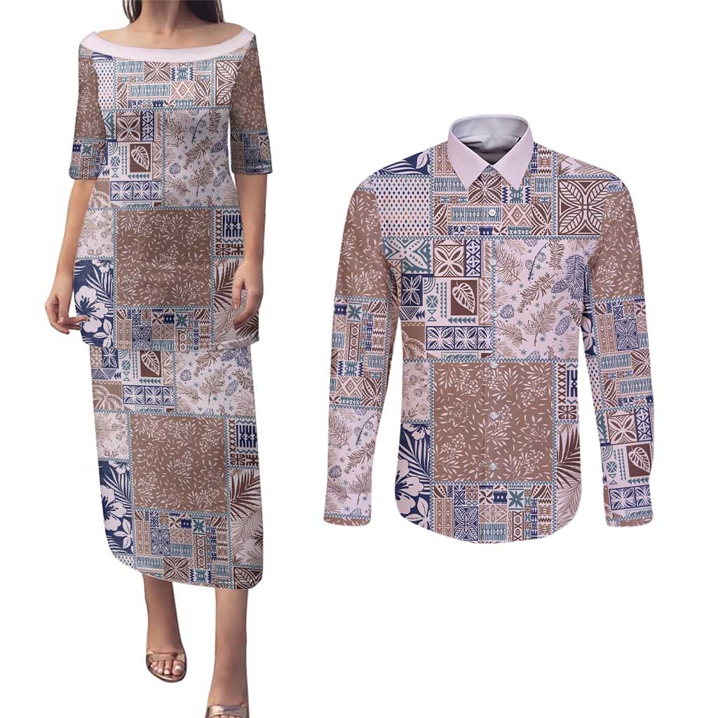 Aloha Hawaii Pastel Christmas Patchwork Couples Matching Puletasi and Long Sleeve Button Shirt Rustic Style - Polynesian Pride