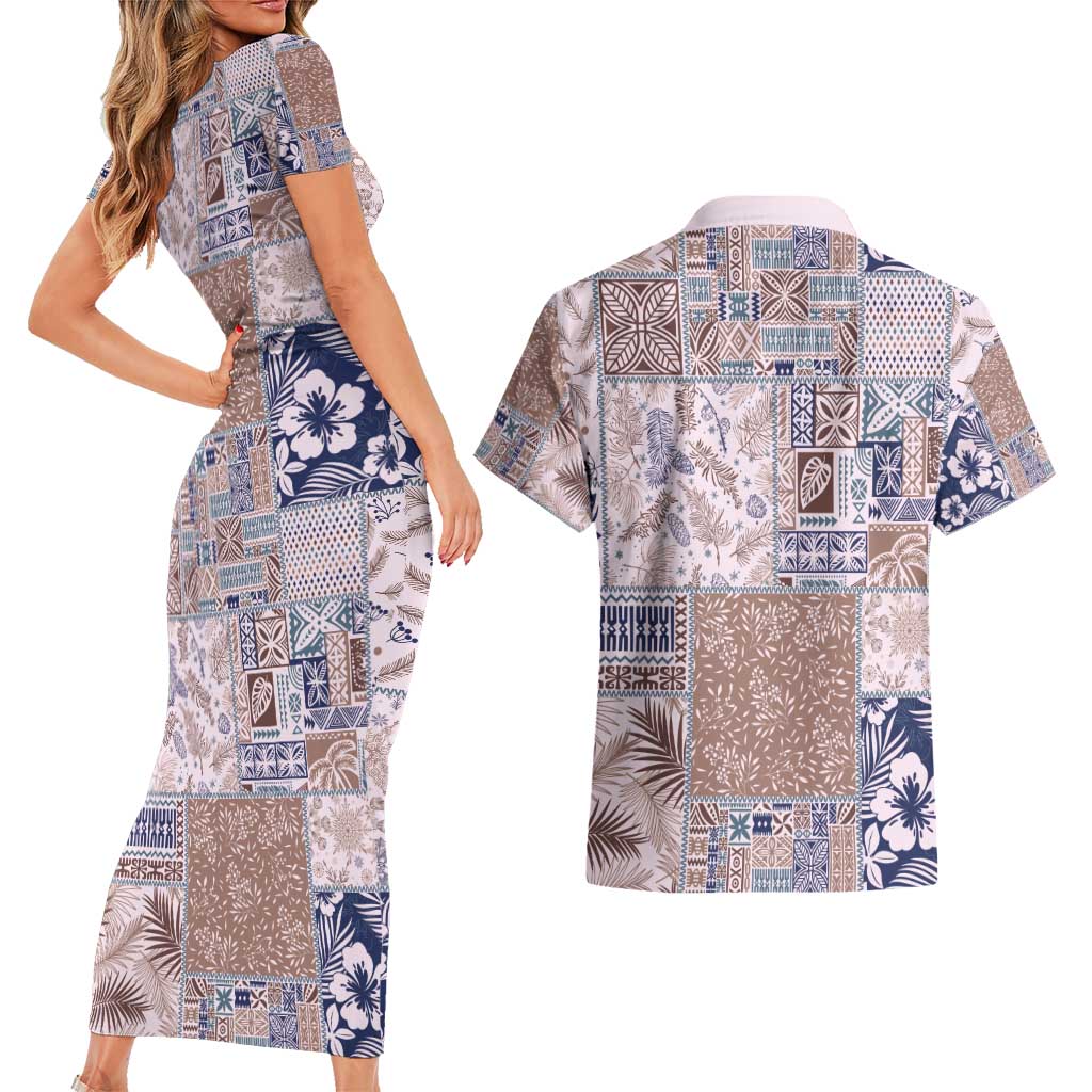 Aloha Hawaii Pastel Christmas Patchwork Couples Matching Short Sleeve Bodycon Dress and Hawaiian Shirt Rustic Style - Polynesian Pride