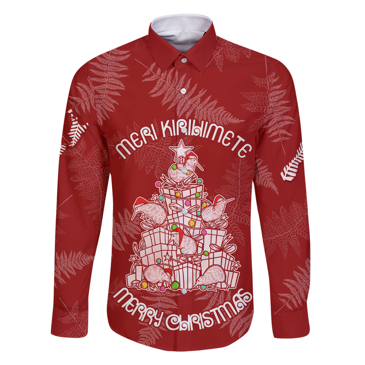 New Zealand Christmas Family Matching Long Sleeve Bodycon Dress and Hawaiian Shirt Silver Fern Mix Kiwi Bird Ver02 LT7 Dad's Shirt - Long Sleeve Red - Polynesian Pride