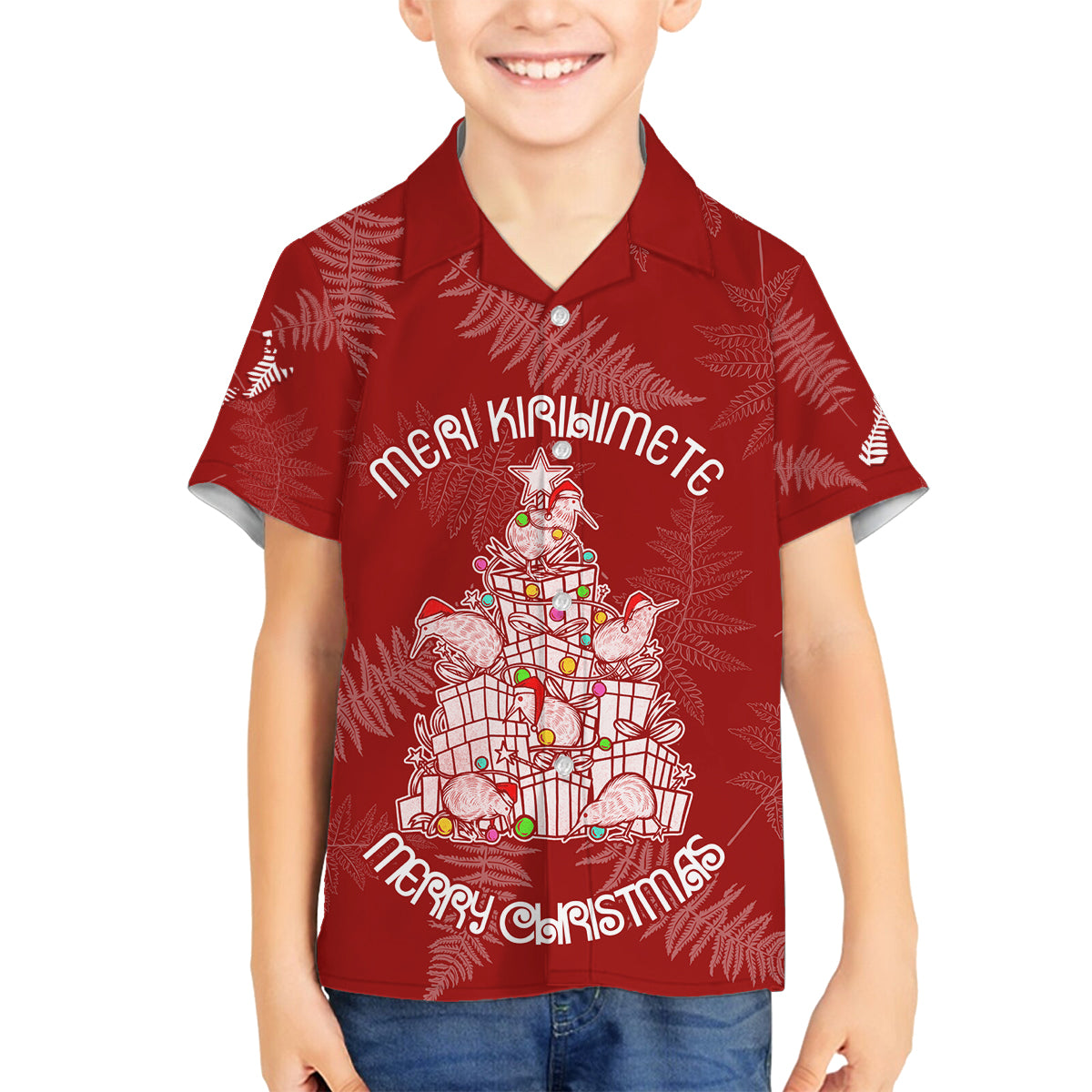 New Zealand Christmas Family Matching Off Shoulder Short Dress and Hawaiian Shirt Silver Fern Mix Kiwi Bird Ver02 LT7 Son's Shirt Red - Polynesian Pride