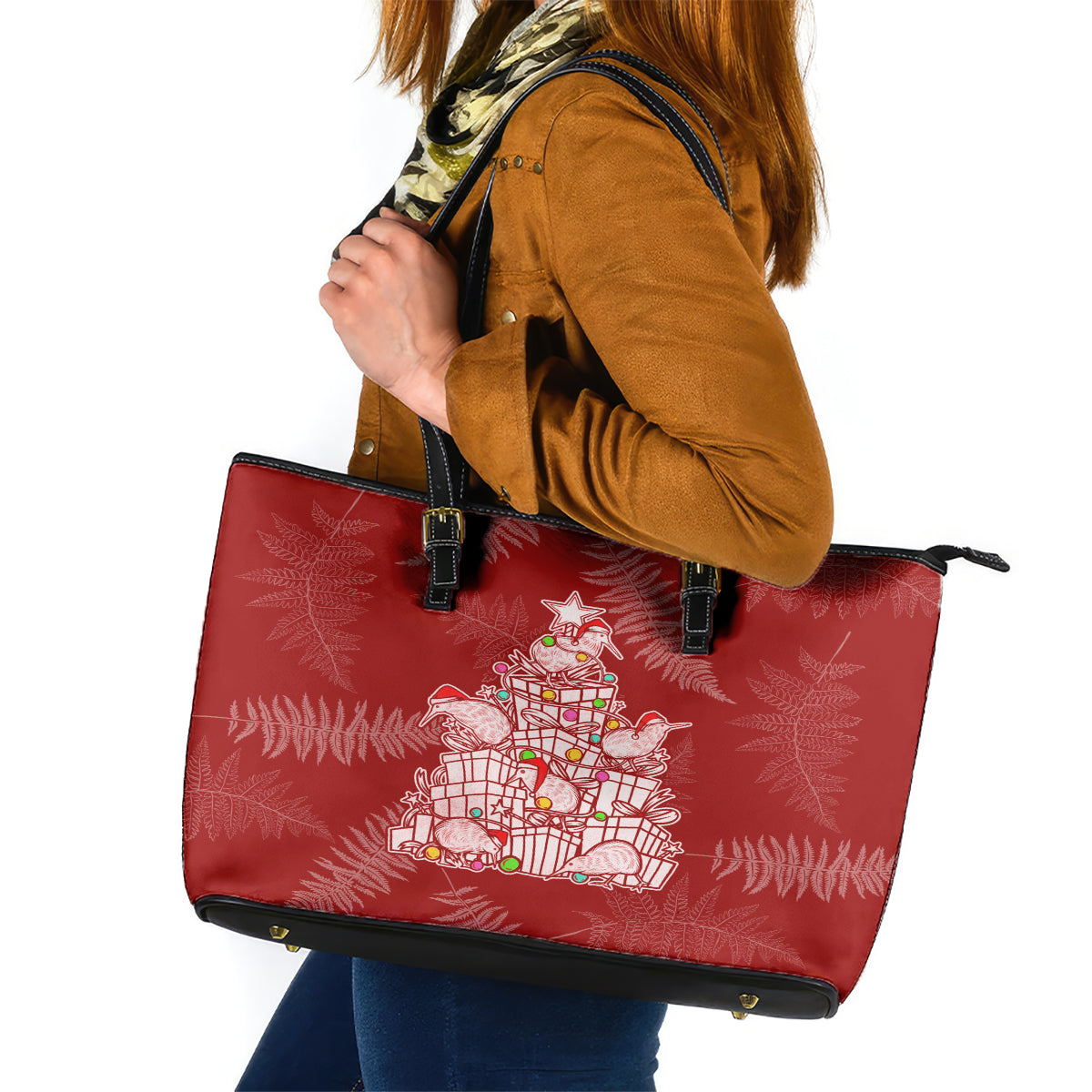 New Zealand Christmas Leather Tote Bag Silver Fern Mix Kiwi Bird Ver02 LT7 Red - Polynesian Pride