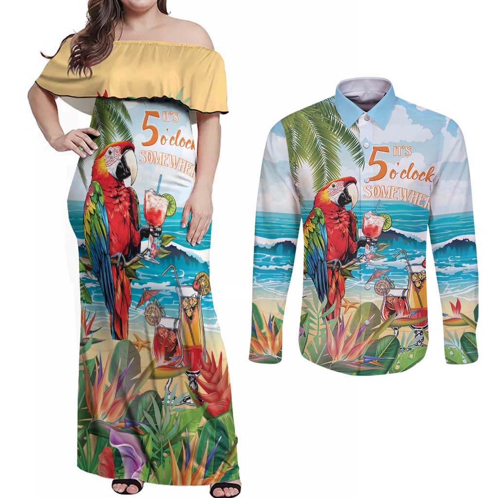 Aloha Hawaii Christmas Couples Matching Off Shoulder Maxi Dress and Long Sleeve Button Shirt It's 5 o'clock Somewhere