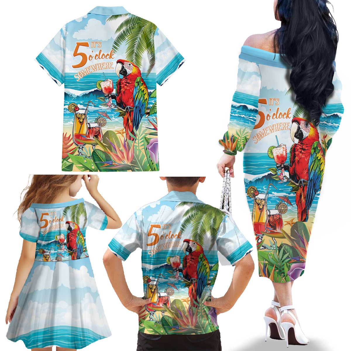 Aloha Hawaii Christmas Family Matching Off The Shoulder Long Sleeve Dress and Hawaiian Shirt It's 5 o'clock Somewhere