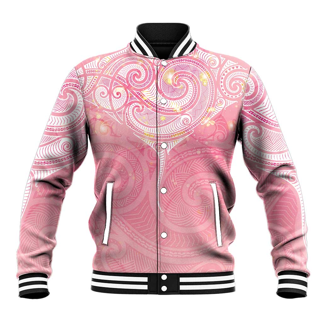 Breast Cancer Awareness Maori Aotearoa Baseball Jacket Manta Ray - Pink Glaze - Polynesian Pride