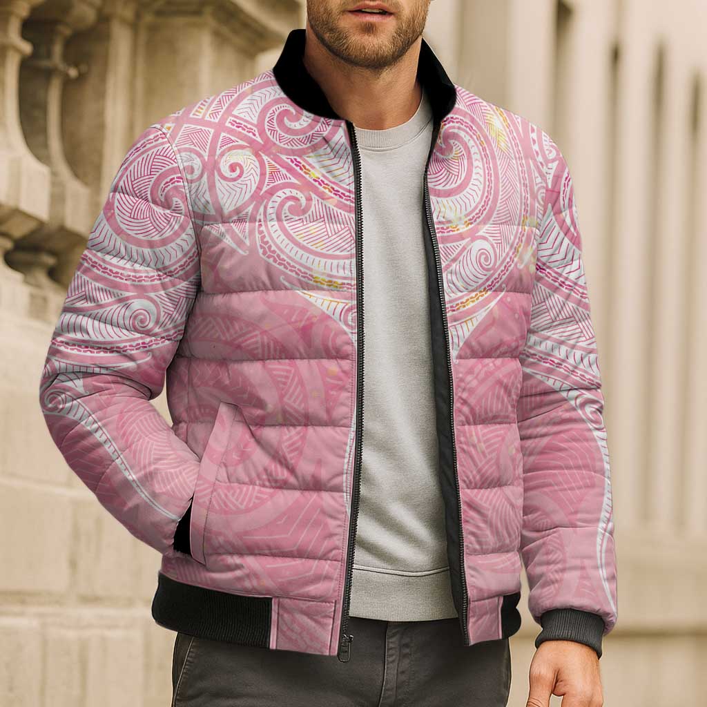Breast Cancer Awareness Maori Aotearoa Bomber Puffer Jacket Manta Ray - Pink Glaze - Polynesian Pride