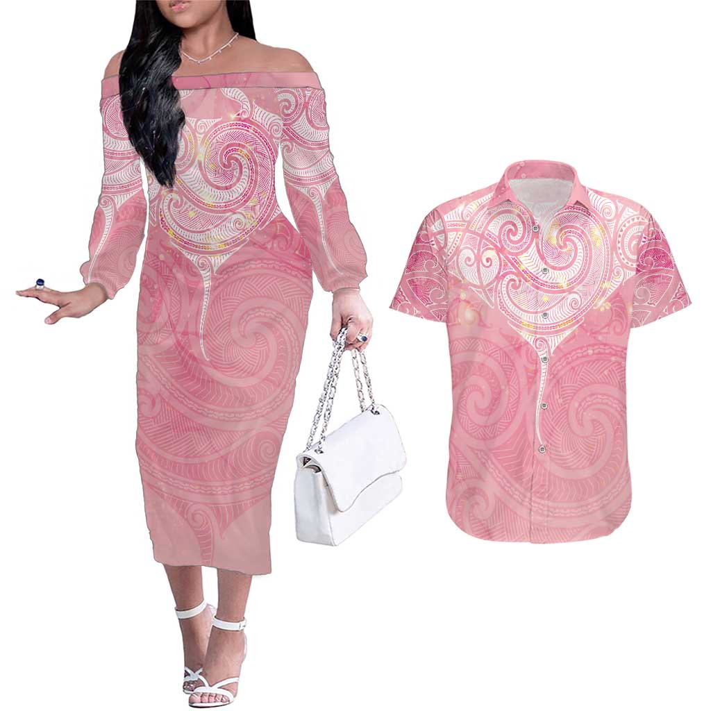 Breast Cancer Awareness Maori Aotearoa Couples Matching Off The Shoulder Long Sleeve Dress and Hawaiian Shirt Manta Ray - Pink Glaze - Polynesian Pride