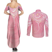 Breast Cancer Awareness Maori Aotearoa Couples Matching Summer Maxi Dress and Long Sleeve Button Shirt Manta Ray - Pink Glaze - Polynesian Pride