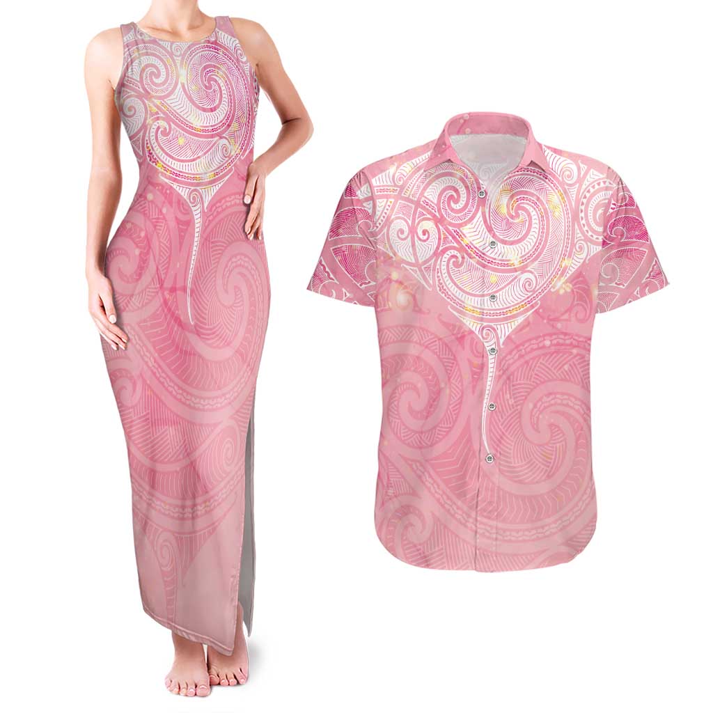 Breast Cancer Awareness Maori Aotearoa Couples Matching Tank Maxi Dress and Hawaiian Shirt Manta Ray - Pink Glaze - Polynesian Pride