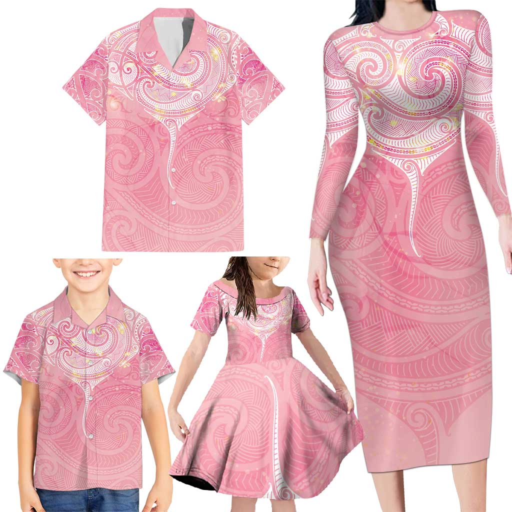 Breast Cancer Awareness Maori Aotearoa Family Matching Long Sleeve Bodycon Dress and Hawaiian Shirt Manta Ray - Pink Glaze - Polynesian Pride