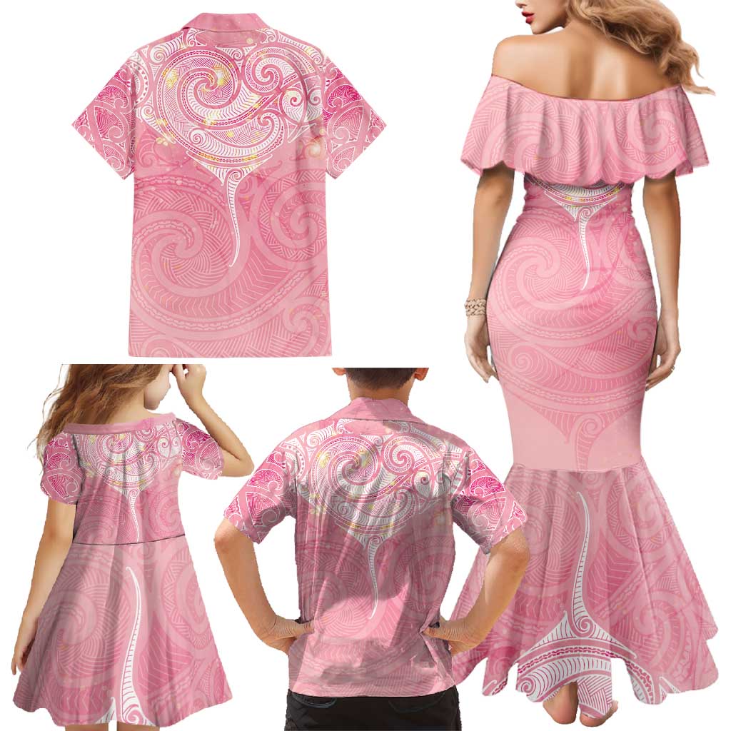 Breast Cancer Awareness Maori Aotearoa Family Matching Mermaid Dress and Hawaiian Shirt Manta Ray - Pink Glaze - Polynesian Pride