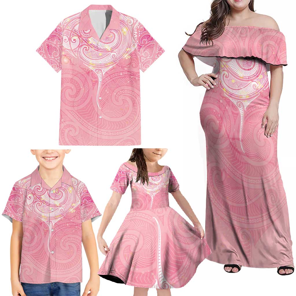 Breast Cancer Awareness Maori Aotearoa Family Matching Off Shoulder Maxi Dress and Hawaiian Shirt Manta Ray - Pink Glaze - Polynesian Pride