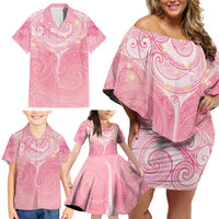 Breast Cancer Awareness Maori Aotearoa Family Matching Off Shoulder Short Dress and Hawaiian Shirt Manta Ray - Pink Glaze - Polynesian Pride