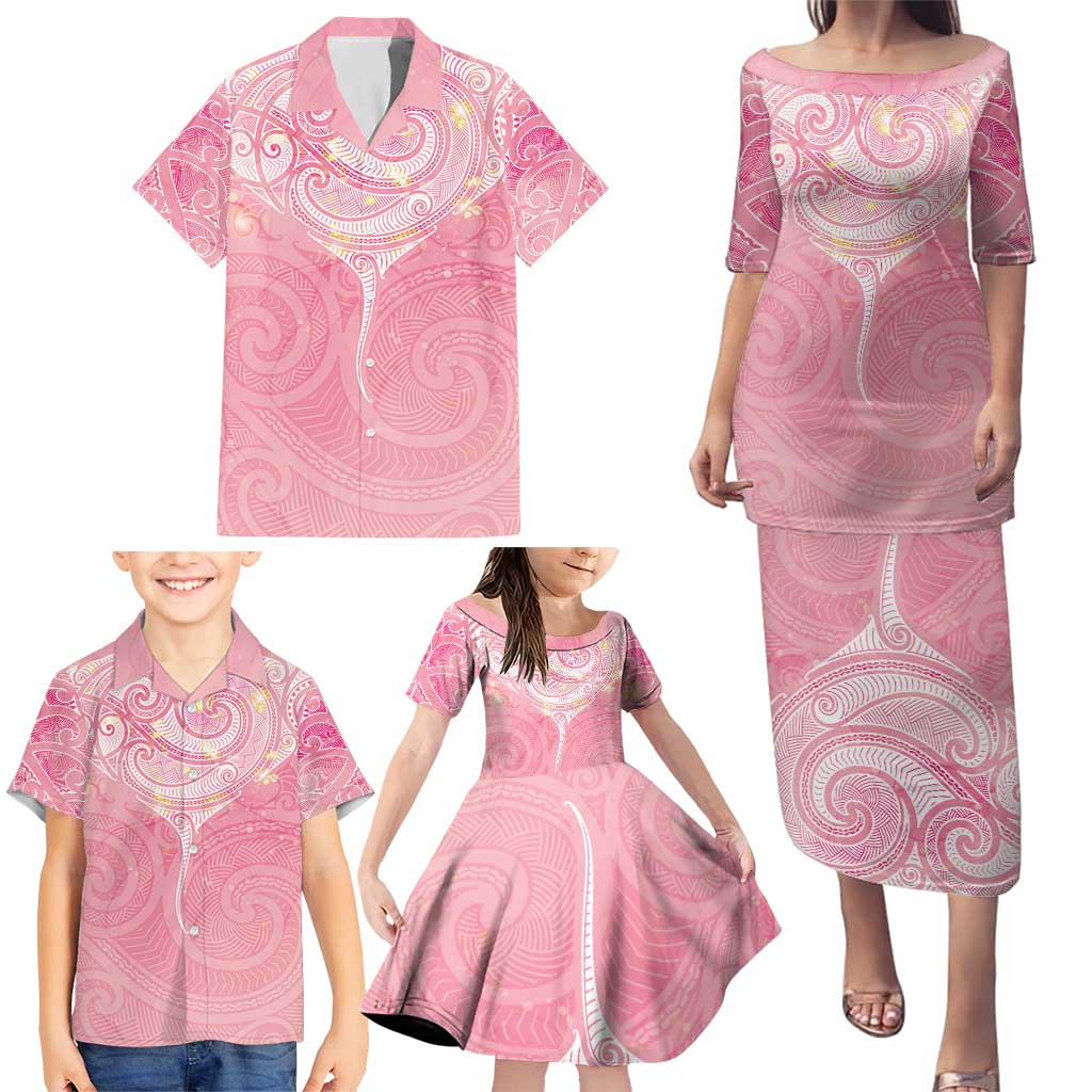 Breast Cancer Awareness Maori Aotearoa Family Matching Puletasi and Hawaiian Shirt Manta Ray - Pink Glaze - Polynesian Pride