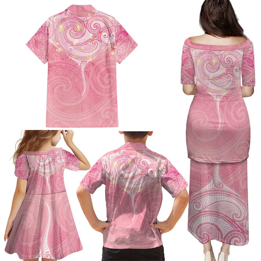 Breast Cancer Awareness Maori Aotearoa Family Matching Puletasi and Hawaiian Shirt Manta Ray - Pink Glaze - Polynesian Pride