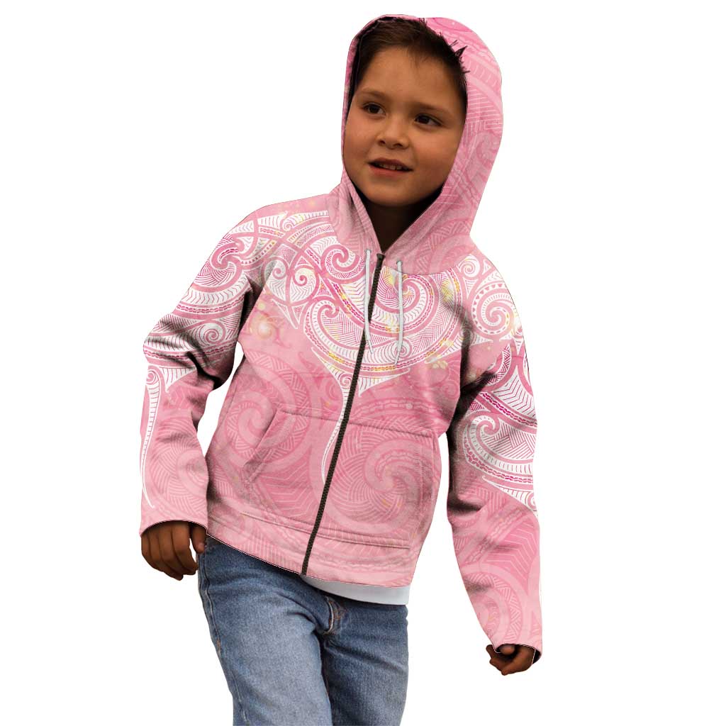 Breast Cancer Awareness Maori Aotearoa Kid Hoodie Manta Ray - Pink Glaze - Polynesian Pride