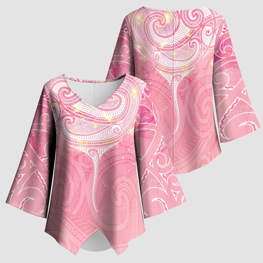 Breast Cancer Awareness Maori Aotearoa Kimono Sleeve Blouse Manta Ray - Pink Glaze - Polynesian Pride