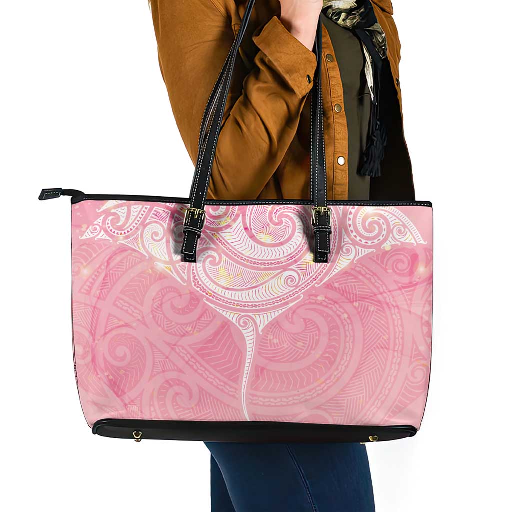 Breast Cancer Awareness Maori Aotearoa Leather Tote Bag Manta Ray - Pink Glaze - Polynesian Pride