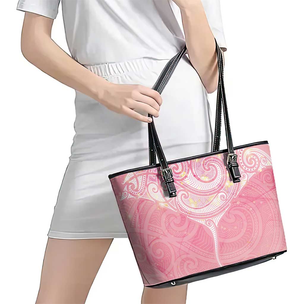 Breast Cancer Awareness Maori Aotearoa Leather Tote Bag Manta Ray - Pink Glaze - Polynesian Pride