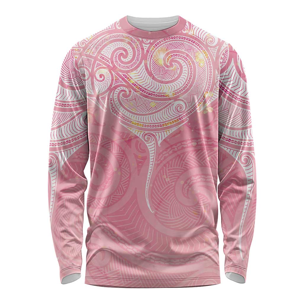 Breast Cancer Awareness Maori Aotearoa Long Sleeve Shirt Manta Ray - Pink Glaze - Polynesian Pride