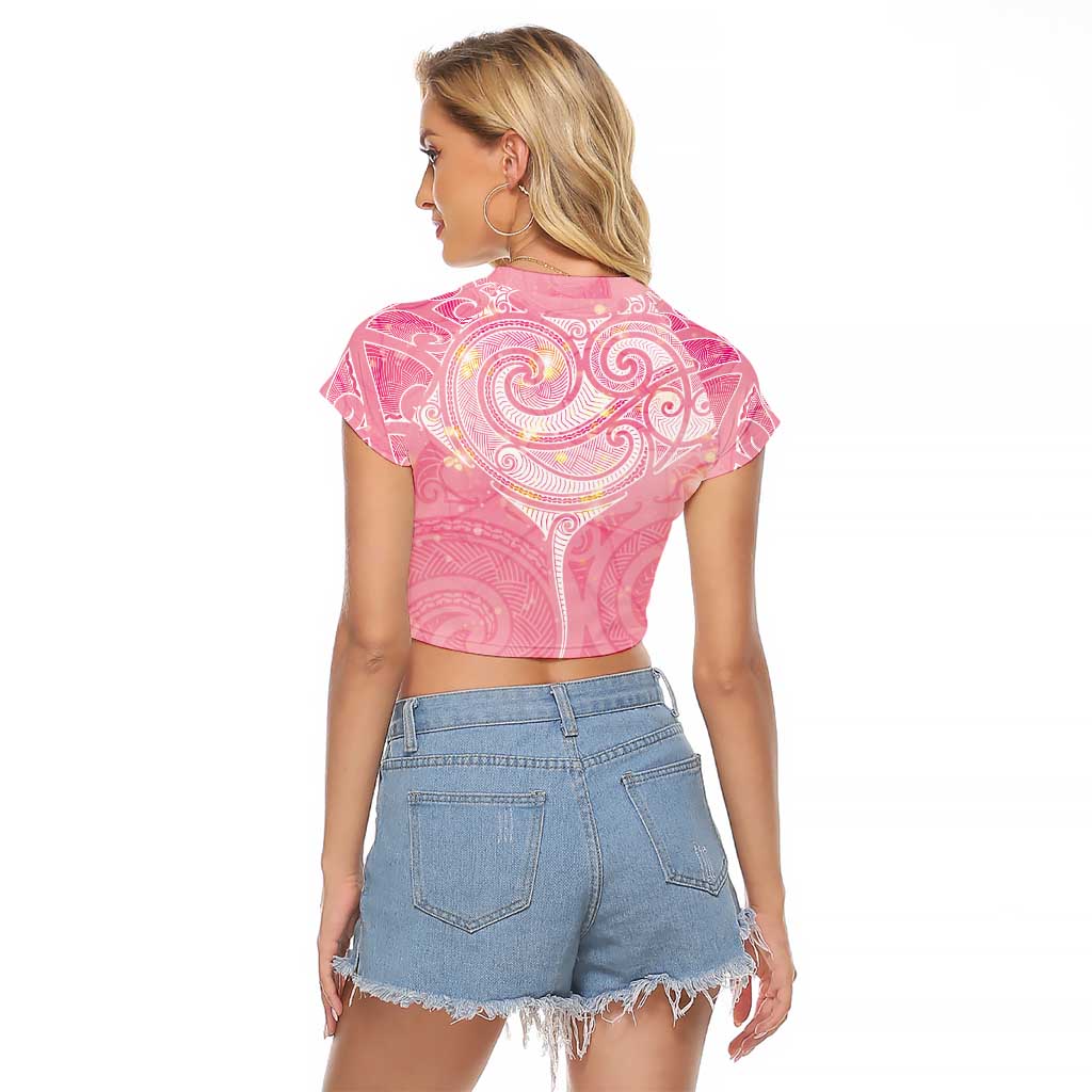 Breast Cancer Awareness Maori Aotearoa Raglan Cropped T Shirt Manta Ray - Pink Glaze - Polynesian Pride