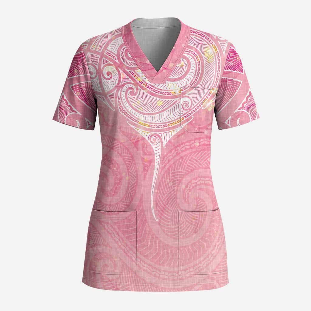 Breast Cancer Awareness Maori Aotearoa Scrub Top Manta Ray - Pink Glaze - Polynesian Pride
