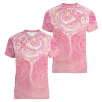 Breast Cancer Awareness Maori Aotearoa Women V-Neck T-Shirt Manta Ray - Pink Glaze - Polynesian Pride