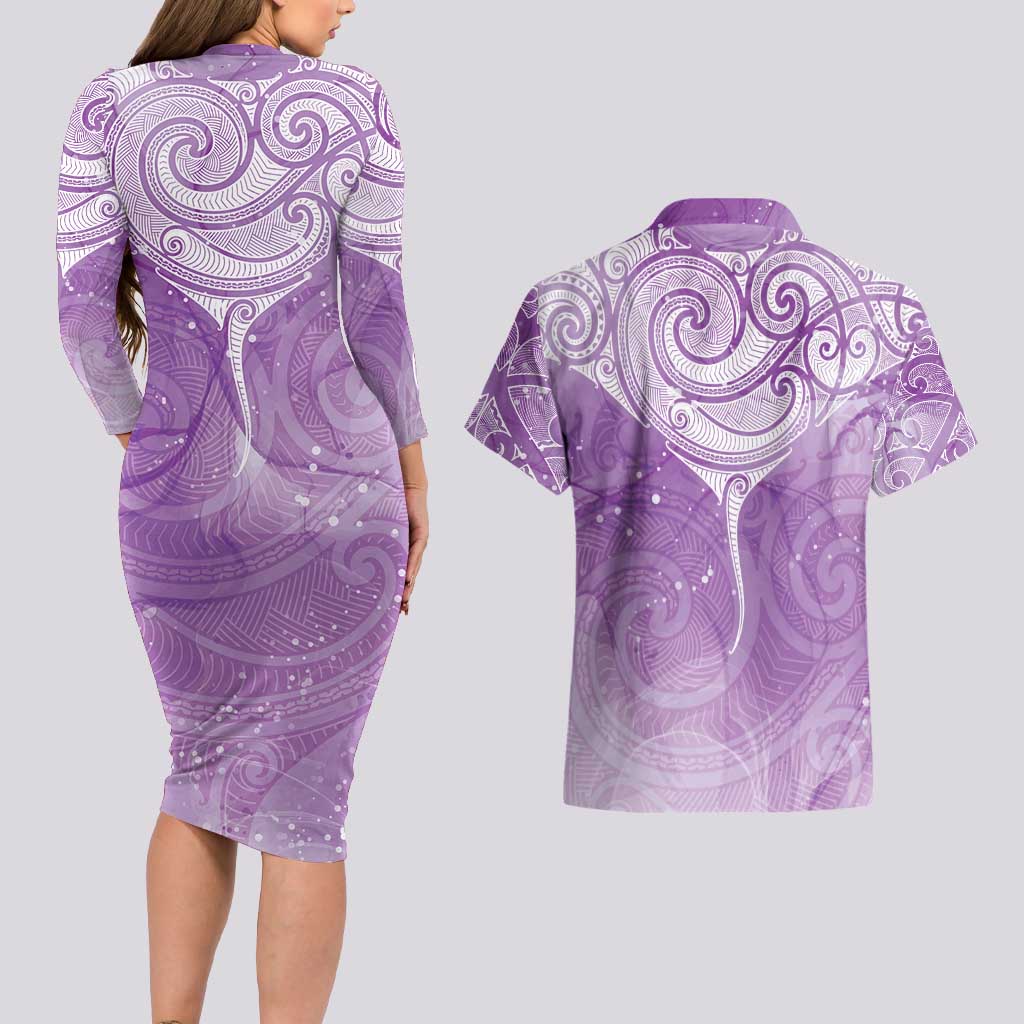 Epilepsy Awareness Maori Aotearoa Couples Matching Long Sleeve Bodycon Dress and Hawaiian Shirt Manta Ray - Purple Glaze - Polynesian Pride