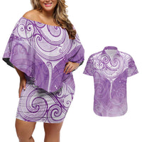 Epilepsy Awareness Maori Aotearoa Couples Matching Off Shoulder Short Dress and Hawaiian Shirt Manta Ray - Purple Glaze - Polynesian Pride