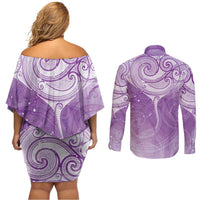 Epilepsy Awareness Maori Aotearoa Couples Matching Off Shoulder Short Dress and Long Sleeve Button Shirt Manta Ray - Purple Glaze - Polynesian Pride