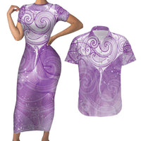 Epilepsy Awareness Maori Aotearoa Couples Matching Short Sleeve Bodycon Dress and Hawaiian Shirt Manta Ray - Purple Glaze - Polynesian Pride