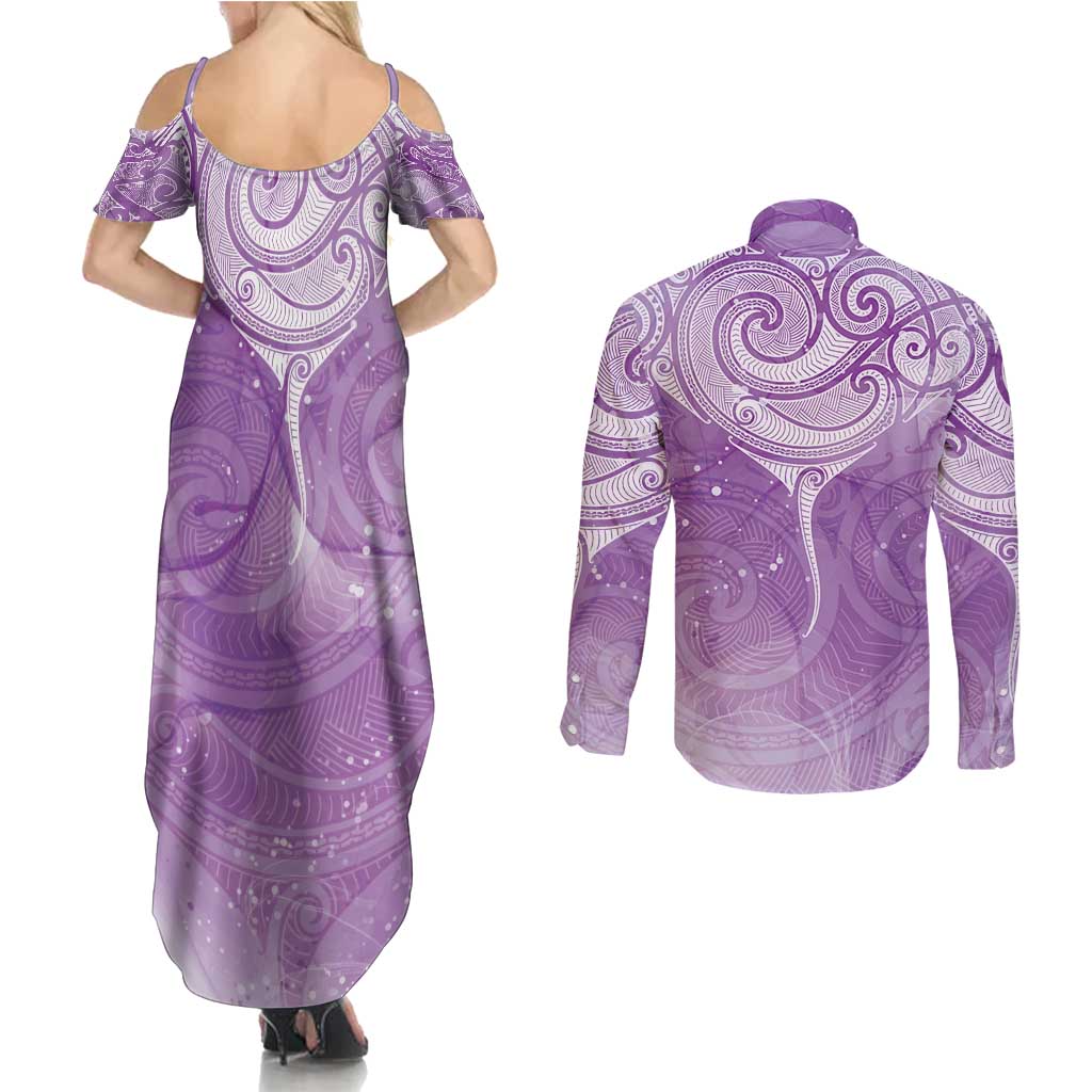 Epilepsy Awareness Maori Aotearoa Couples Matching Summer Maxi Dress and Long Sleeve Button Shirt Manta Ray - Purple Glaze - Polynesian Pride