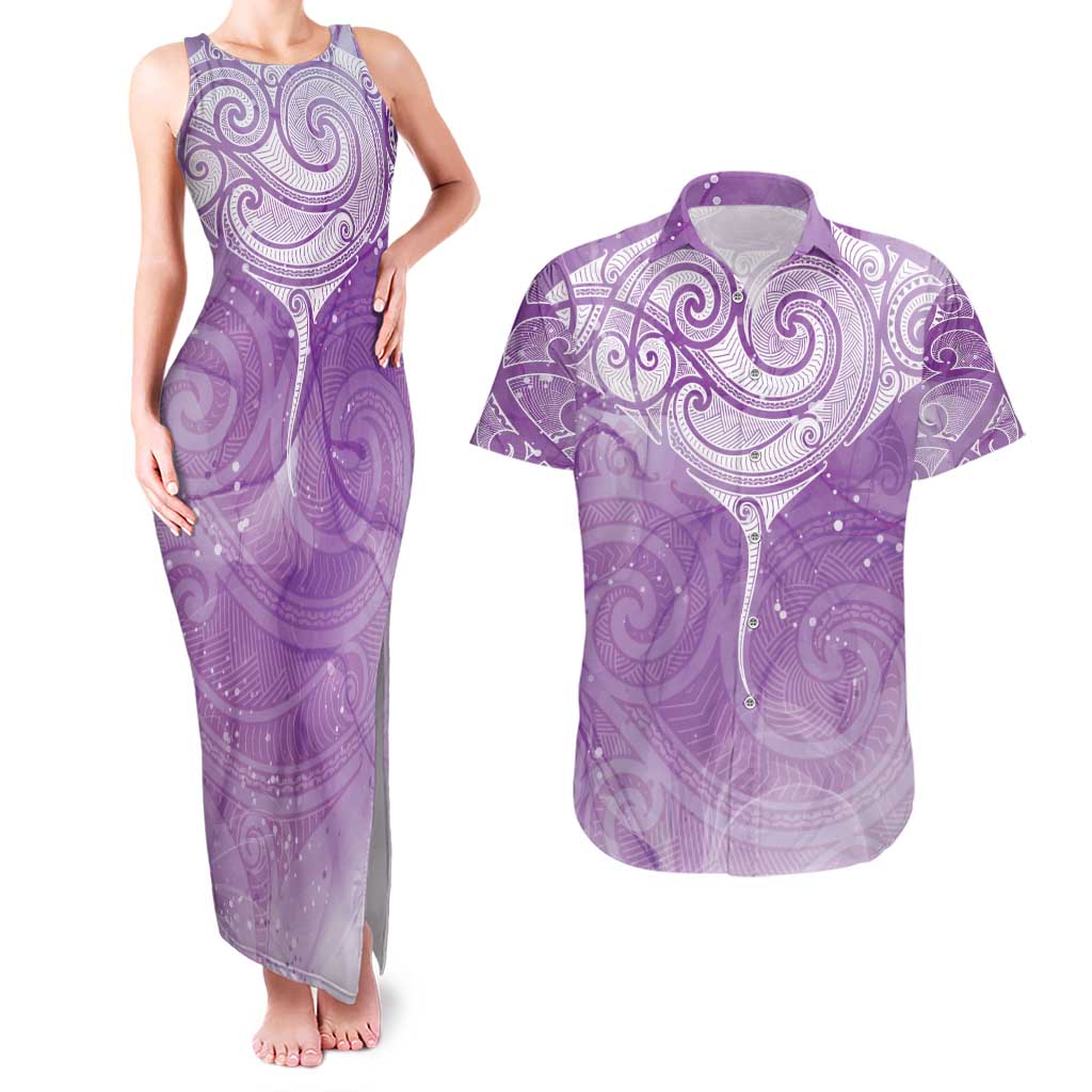 Epilepsy Awareness Maori Aotearoa Couples Matching Tank Maxi Dress and Hawaiian Shirt Manta Ray - Purple Glaze - Polynesian Pride