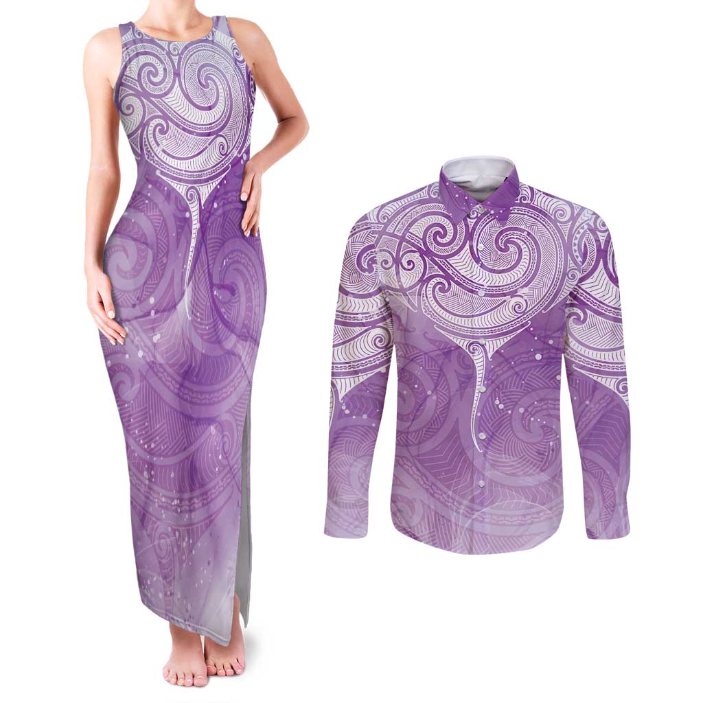 Epilepsy Awareness Maori Aotearoa Couples Matching Tank Maxi Dress and Long Sleeve Button Shirt Manta Ray - Purple Glaze - Polynesian Pride