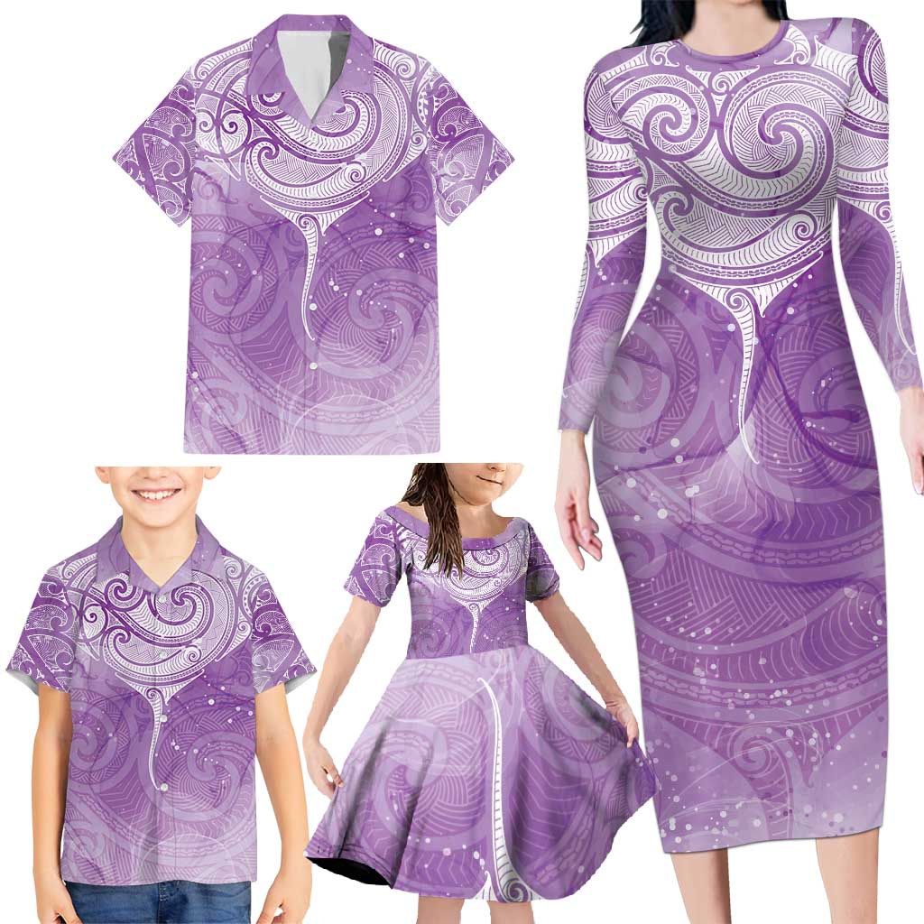 Epilepsy Awareness Maori Aotearoa Family Matching Long Sleeve Bodycon Dress and Hawaiian Shirt Manta Ray - Purple Glaze - Polynesian Pride