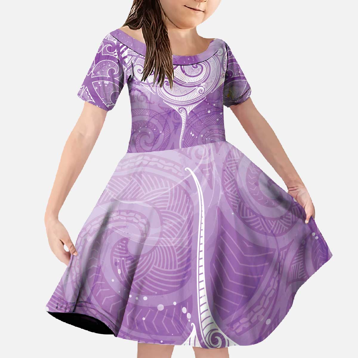 Epilepsy Awareness Maori Aotearoa Family Matching Off The Shoulder Long Sleeve Dress and Hawaiian Shirt Manta Ray - Purple Glaze - Polynesian Pride