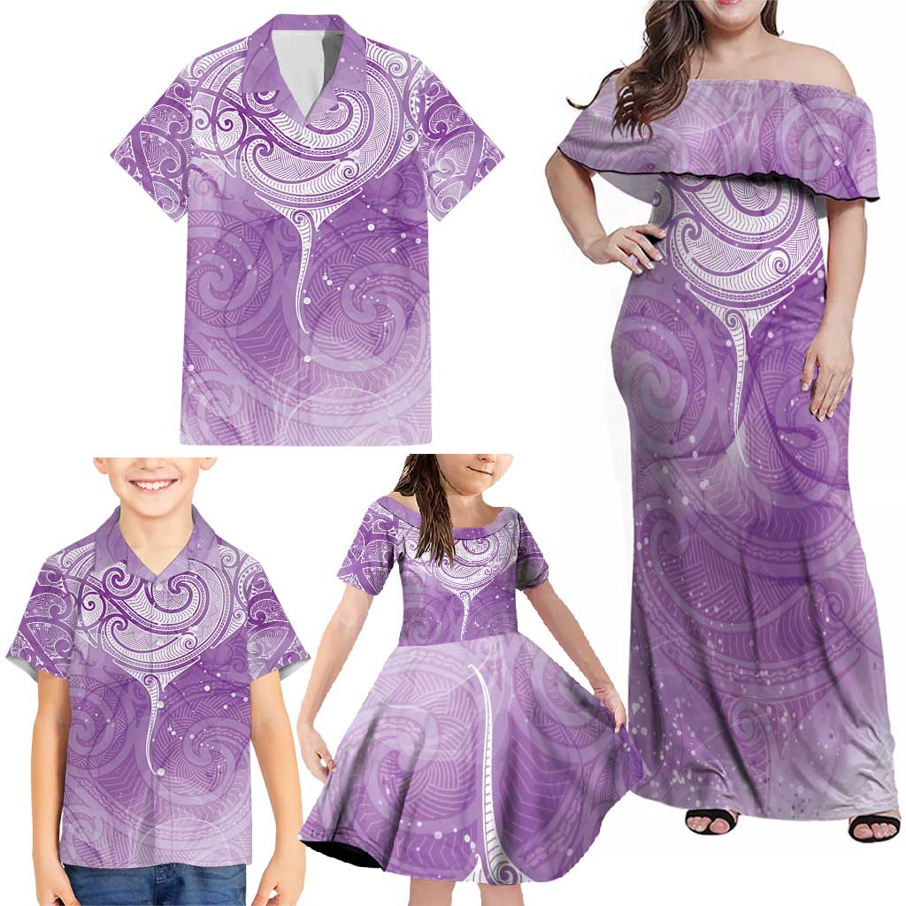 Epilepsy Awareness Maori Aotearoa Family Matching Off Shoulder Maxi Dress and Hawaiian Shirt Manta Ray - Purple Glaze - Polynesian Pride