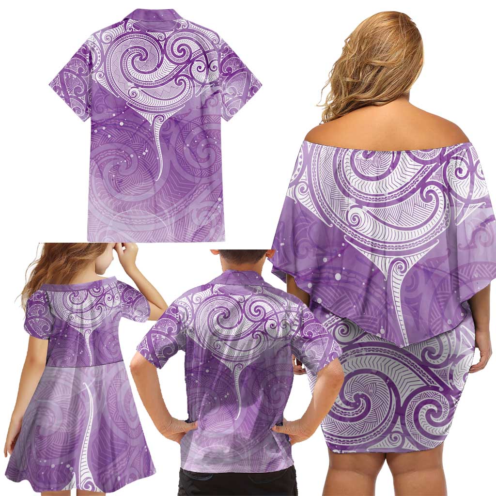 Epilepsy Awareness Maori Aotearoa Family Matching Off Shoulder Short Dress and Hawaiian Shirt Manta Ray - Purple Glaze - Polynesian Pride