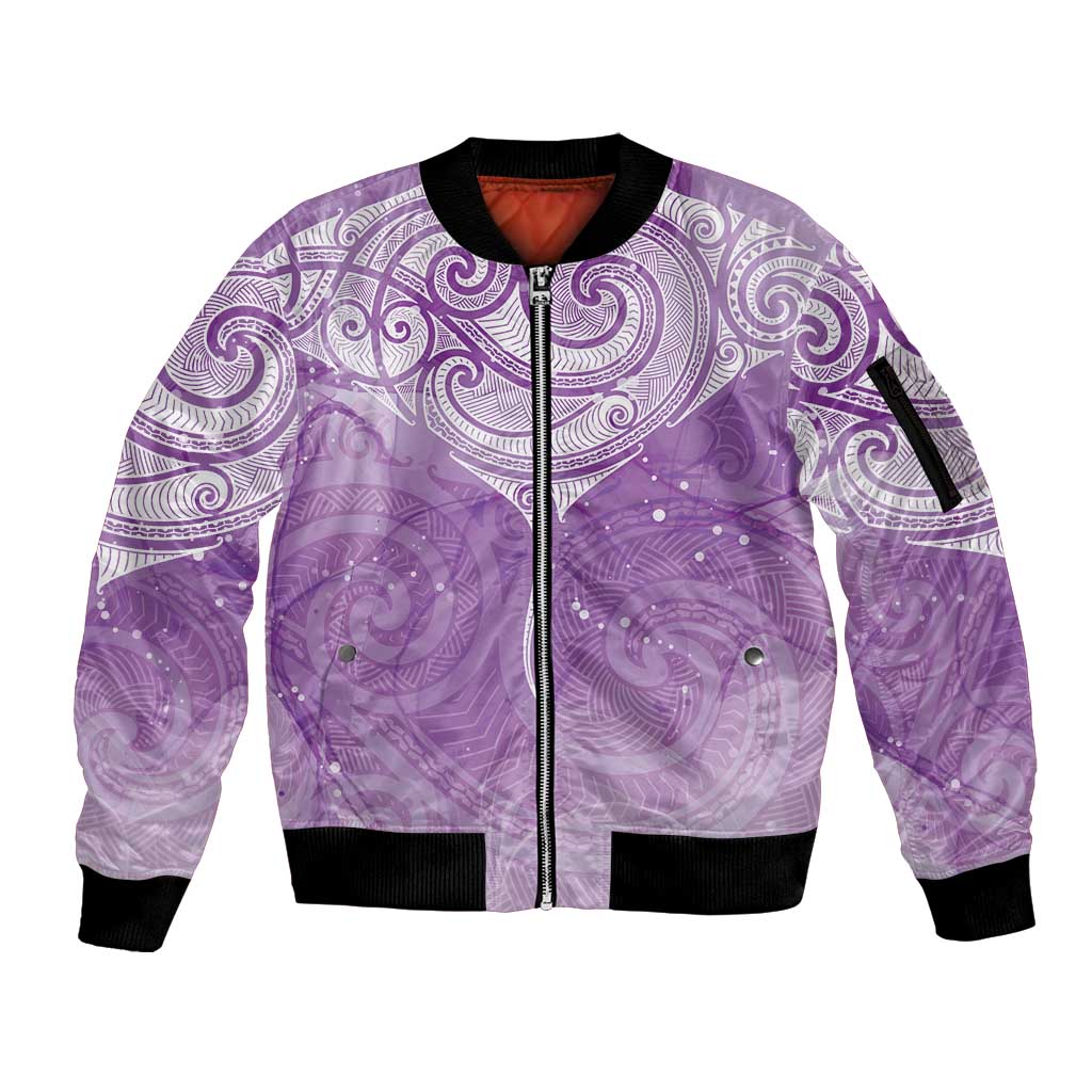 Epilepsy Awareness Maori Aotearoa Sleeve Zip Bomber Jacket Manta Ray - Purple Glaze - Polynesian Pride