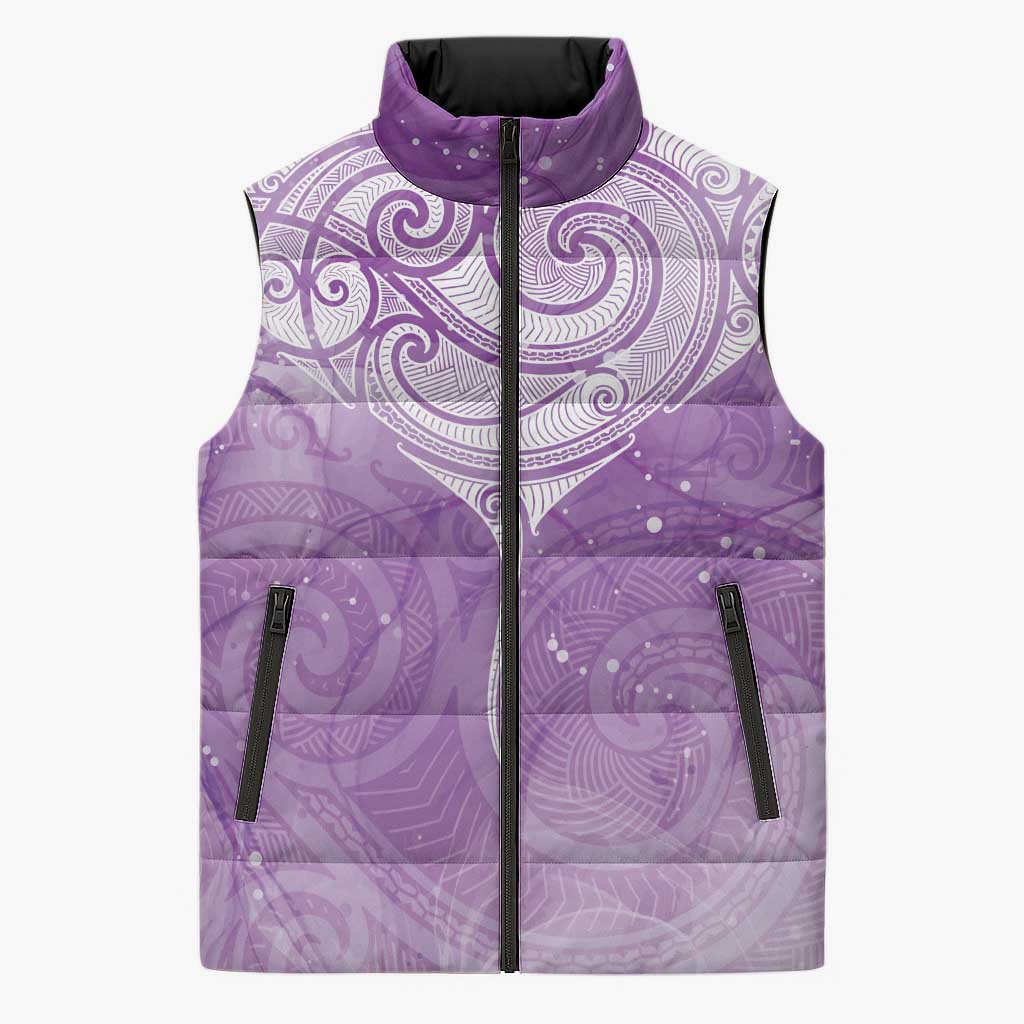 Epilepsy Awareness Maori Aotearoa Sleeveless Puffer Jacket Manta Ray - Purple Glaze - Polynesian Pride