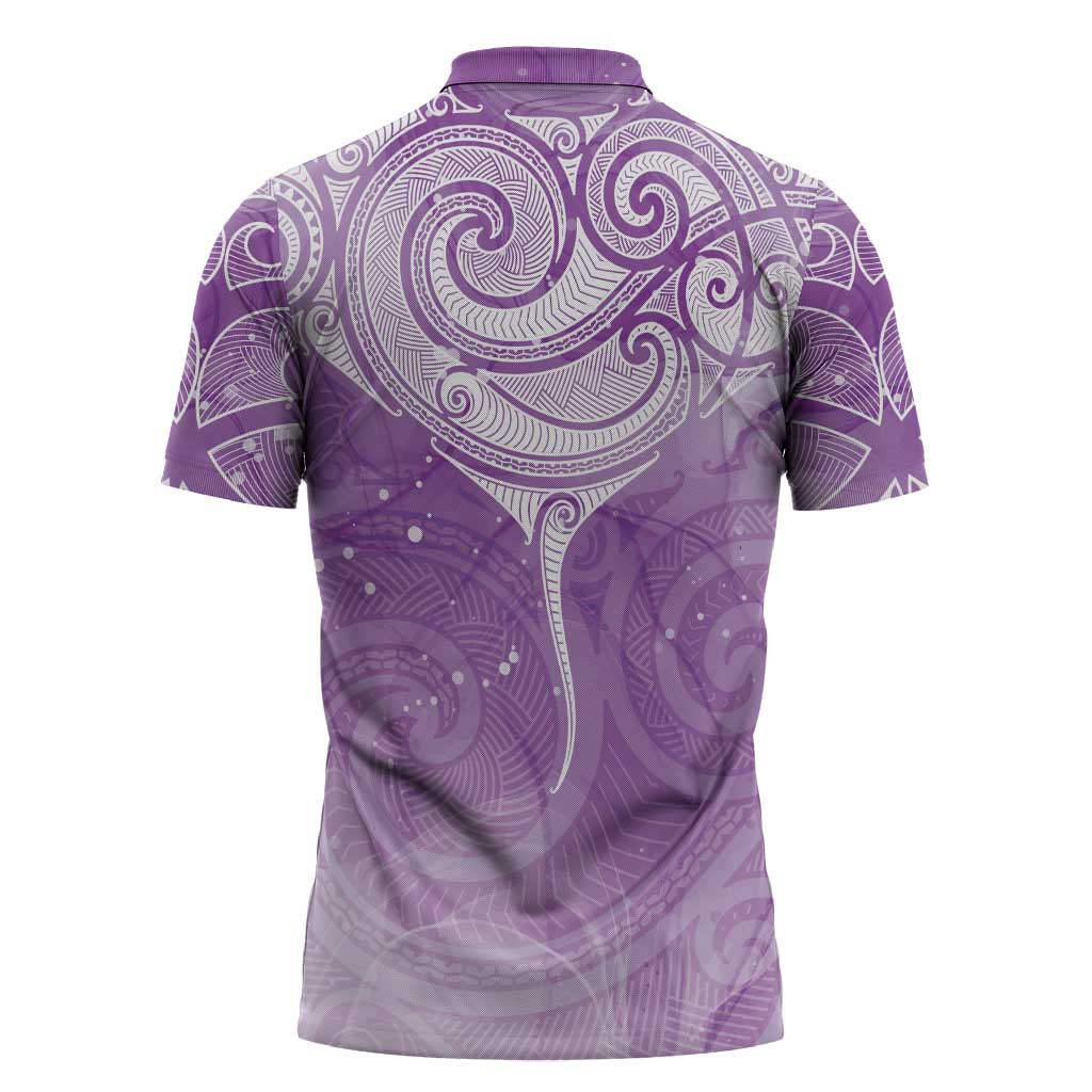 Epilepsy Awareness Maori Aotearoa Zipper Polo Shirt Manta Ray - Purple Glaze - Polynesian Pride