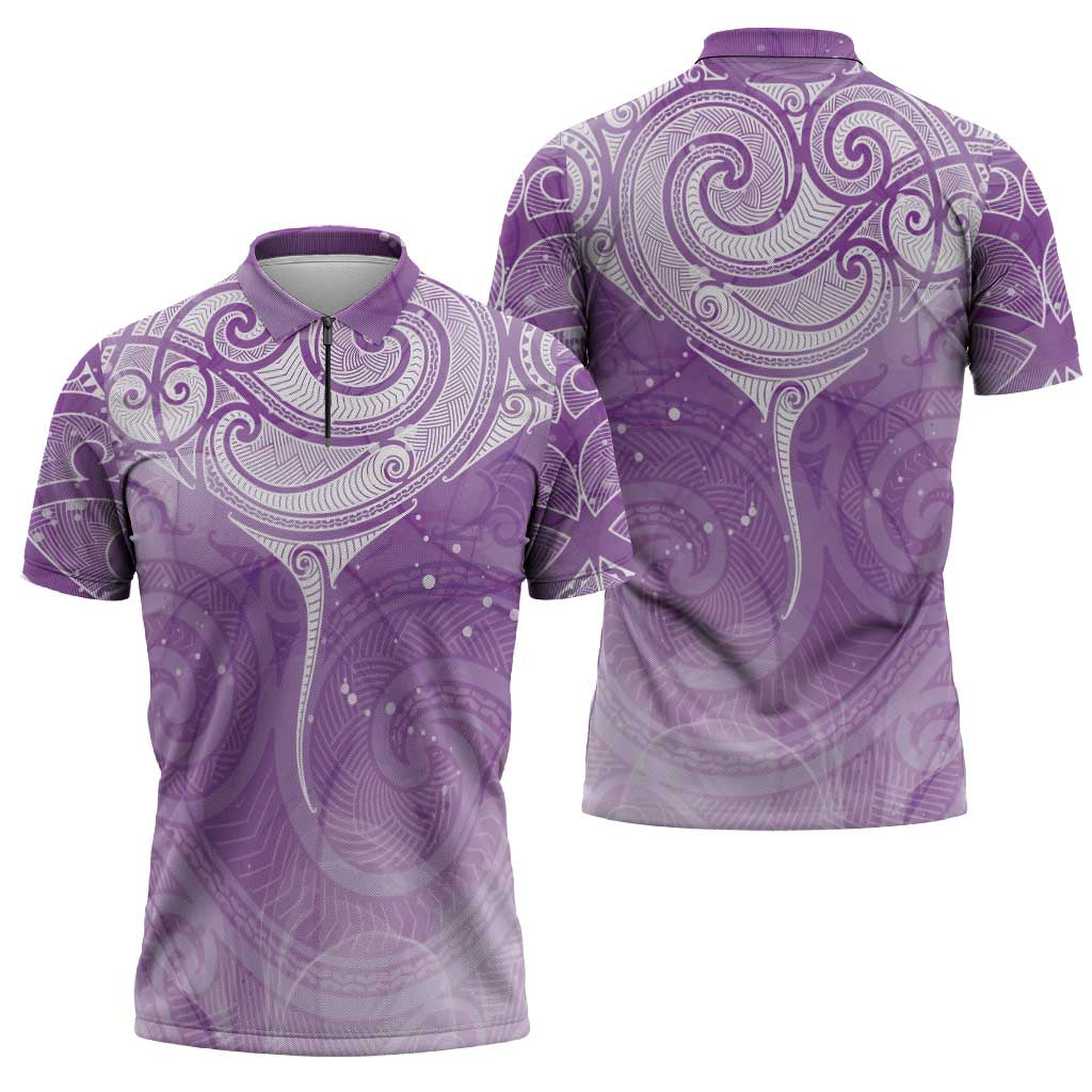 Epilepsy Awareness Maori Aotearoa Zipper Polo Shirt Manta Ray - Purple Glaze - Polynesian Pride