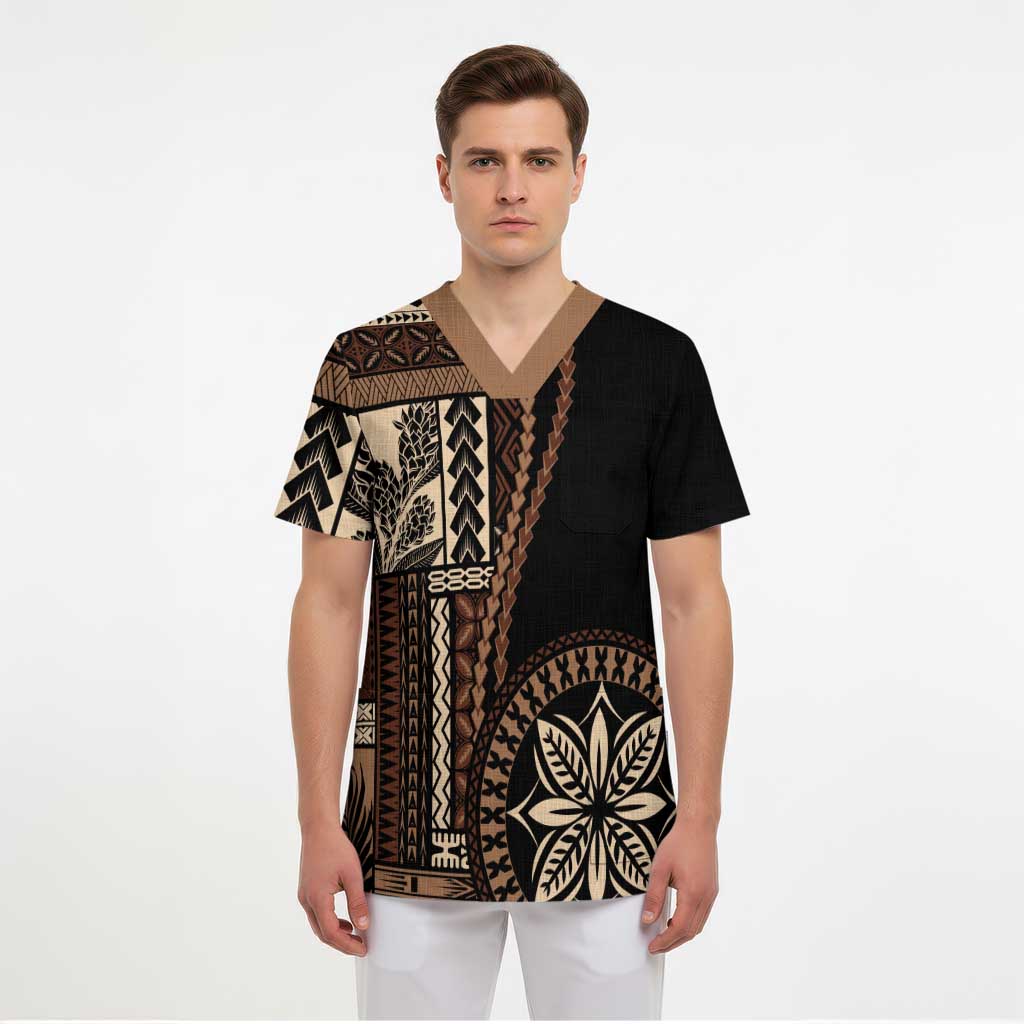 Samoa Siapo Motif Scrub Top Classic Style - Black Ver02 - Polynesian Pride