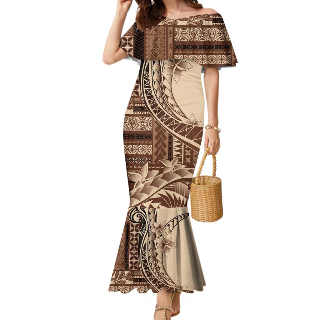 Samoa Siapo Mamanu Family Matching Mermaid Dress and Hawaiian Shirt Plumeria Mocha Motifs