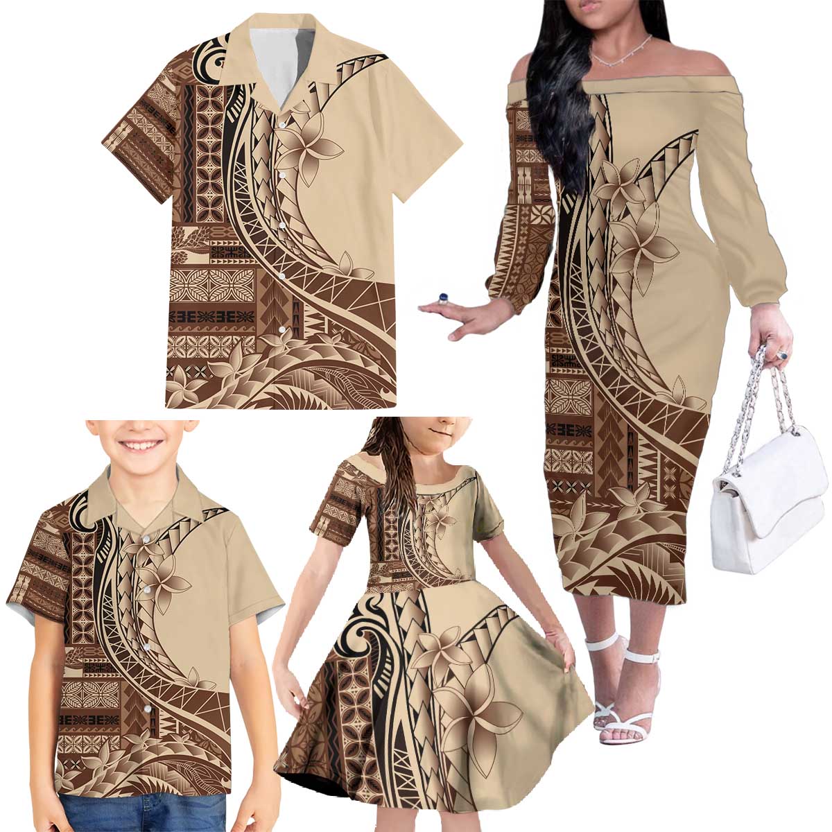 Samoa Siapo Mamanu Family Matching Off The Shoulder Long Sleeve Dress and Hawaiian Shirt Plumeria Mocha Motifs