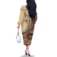Samoa Siapo Mamanu Family Matching Off The Shoulder Long Sleeve Dress and Hawaiian Shirt Plumeria Mocha Motifs