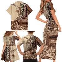 Samoa Siapo Mamanu Family Matching Short Sleeve Bodycon Dress and Hawaiian Shirt Plumeria Mocha Motifs