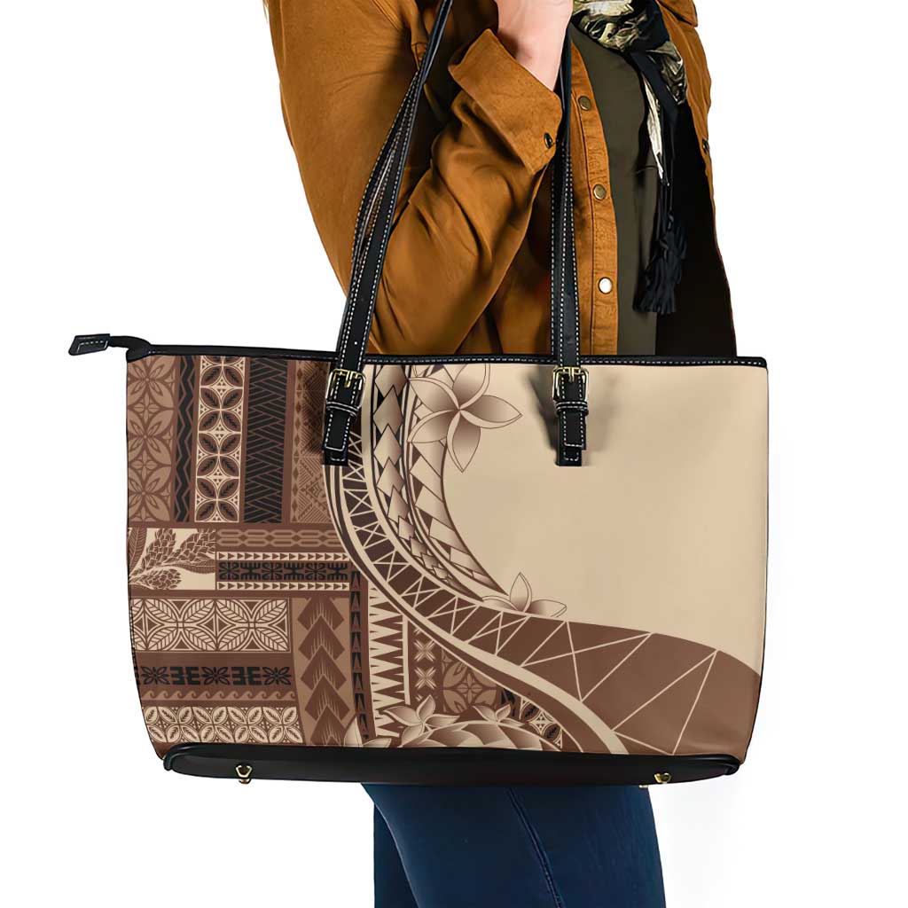 Samoa Siapo Mamanu Leather Tote Bag Plumeria Mocha Motifs