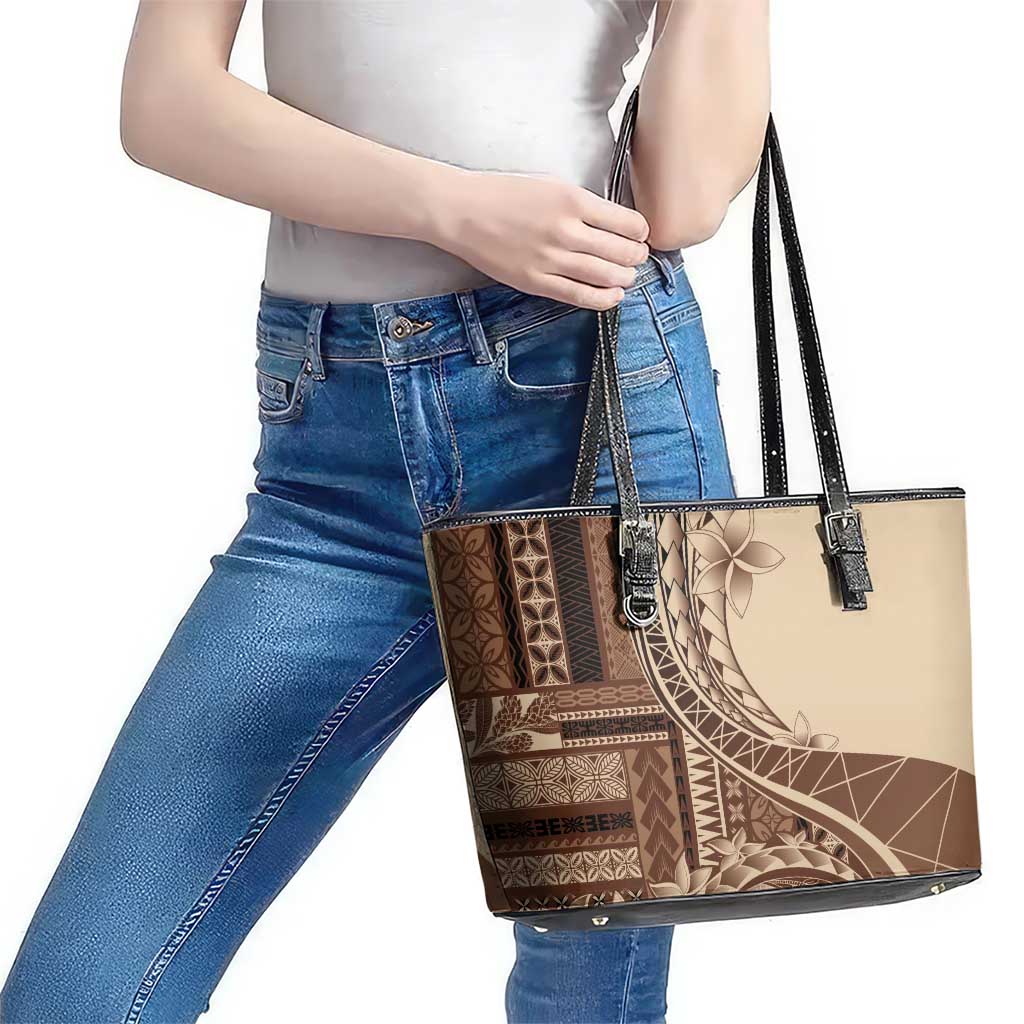 Samoa Siapo Mamanu Leather Tote Bag Plumeria Mocha Motifs