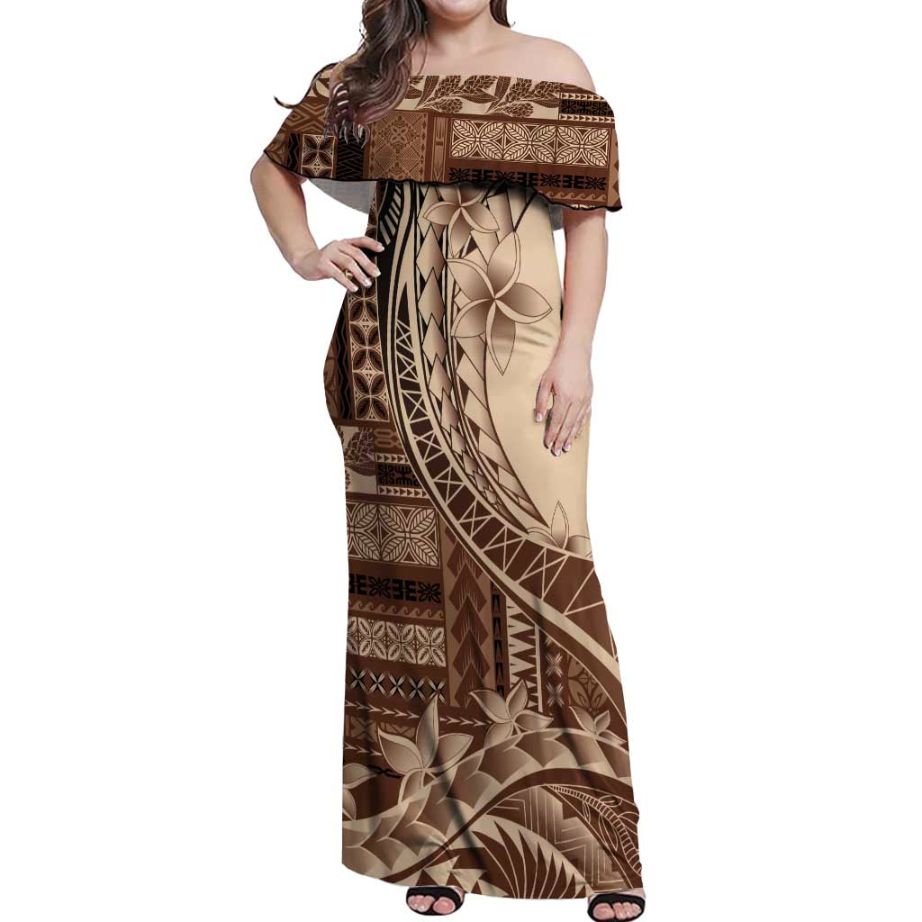Samoa Siapo Mamanu Off Shoulder Maxi Dress Plumeria Mocha Motifs LT7 Women Mocha - Polynesian Pride