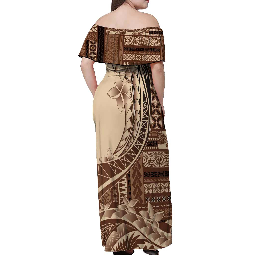 Samoa Siapo Mamanu Off Shoulder Maxi Dress Plumeria Mocha Motifs LT7 - Polynesian Pride